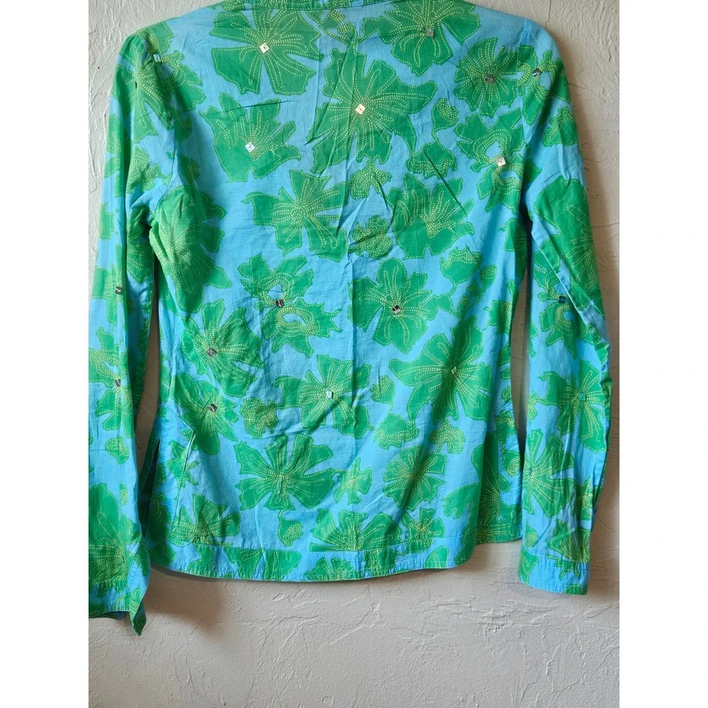Tory Burch Blue Green Floral Long Sleeve V Neck Blouse‎ Shirt Women's Size 2